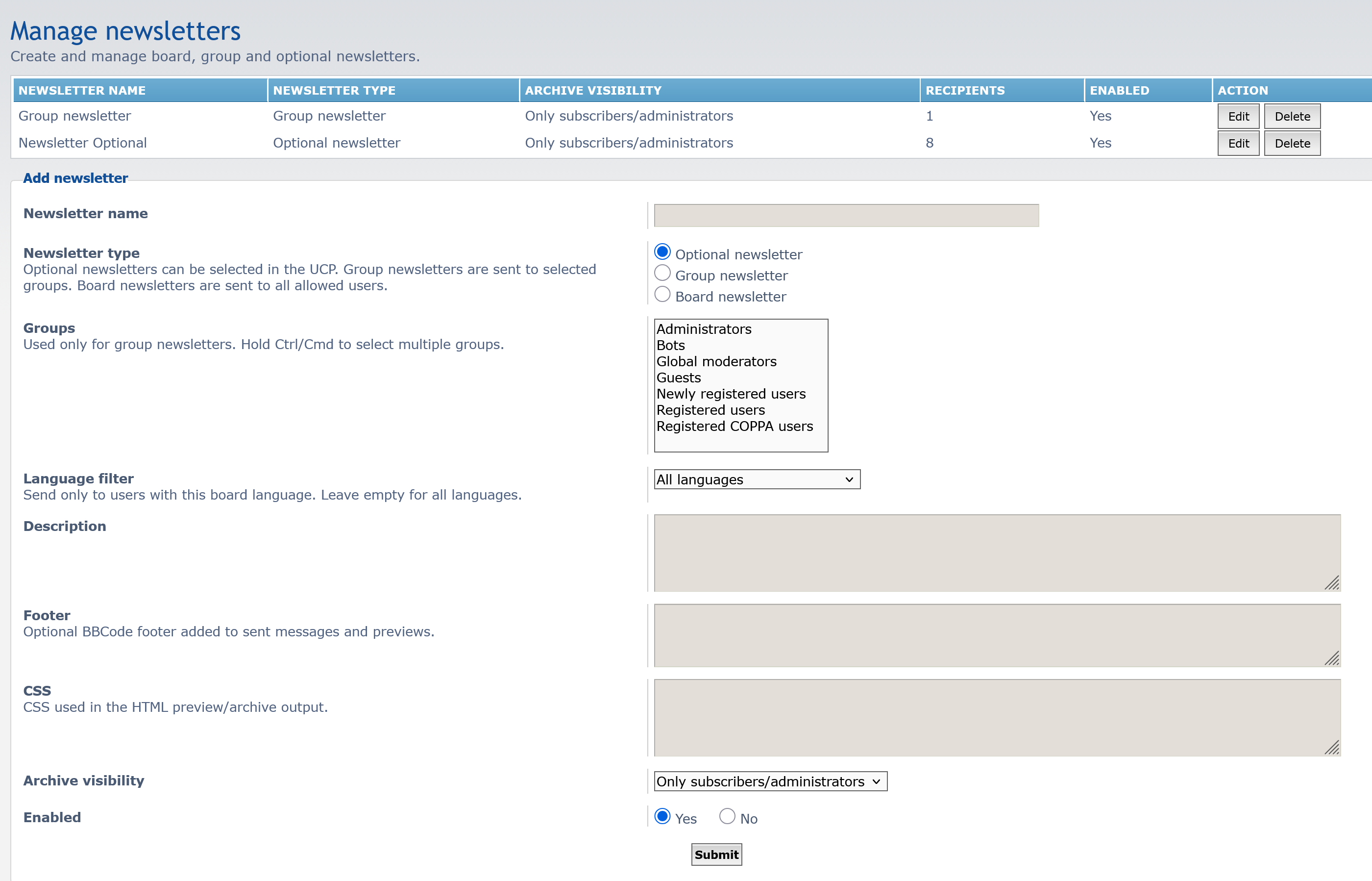 Manage newsletters
